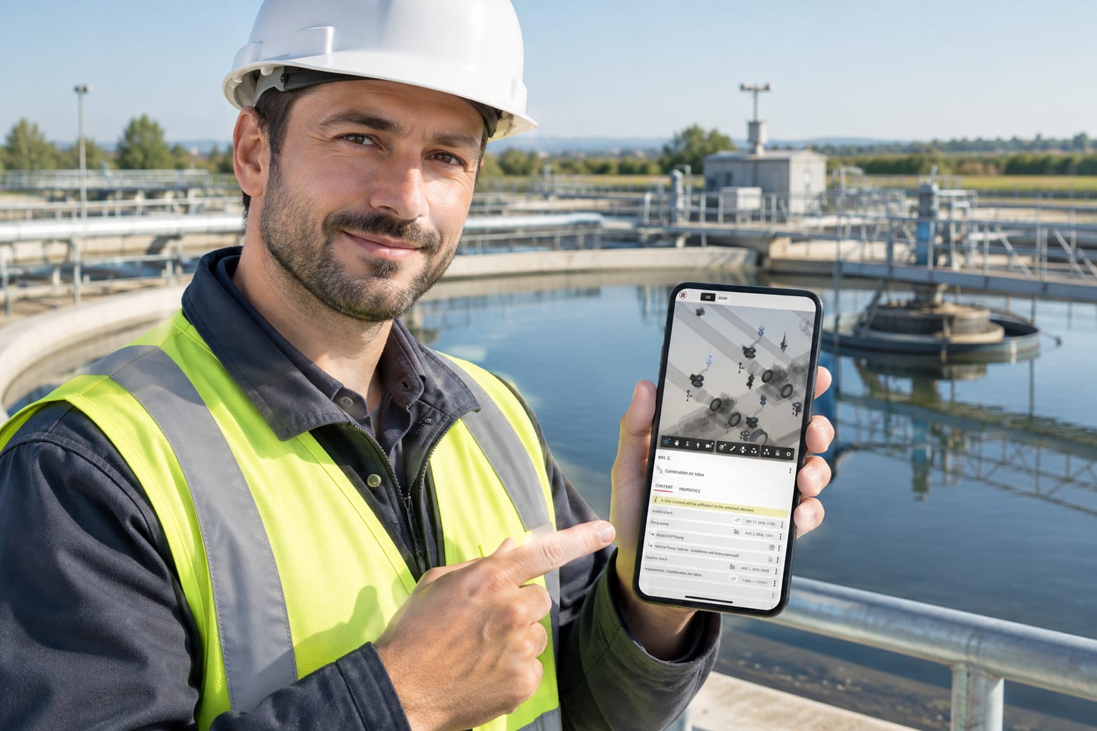 Engineer documenting a water facility asset on site with the Bimmatch mobile app